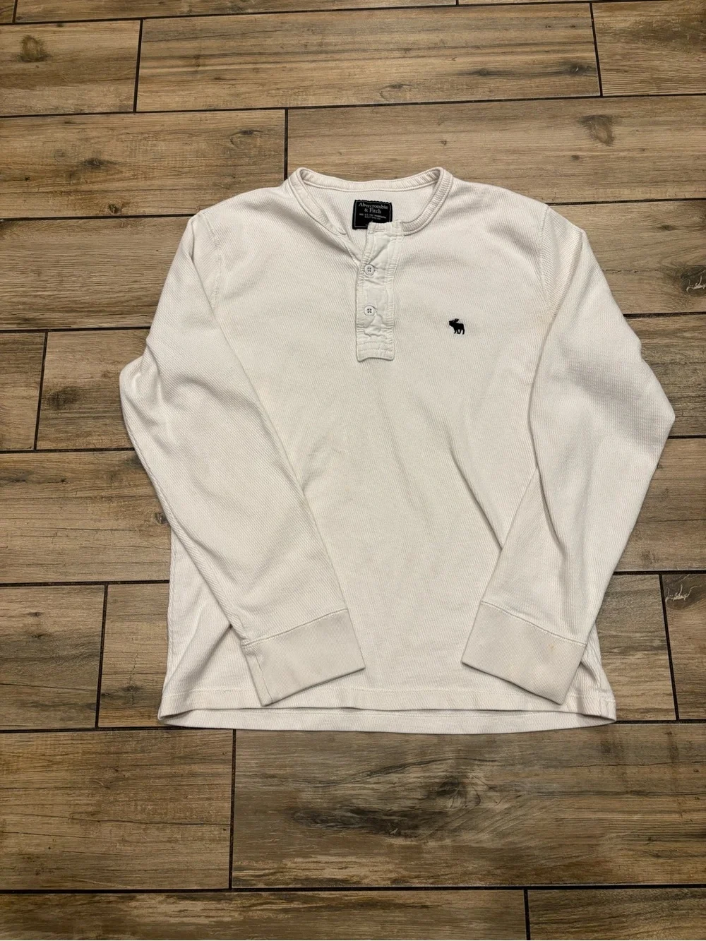 Vintage Abercrombie & Fitch Mens Large White Waffle Knit Henley Shirt Moose Logo